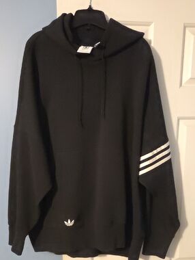 adidas Black Pullover Hoodie with White Sleeve Stripes